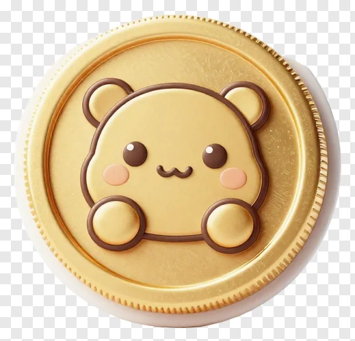 A golden coin with a cute bear face design.