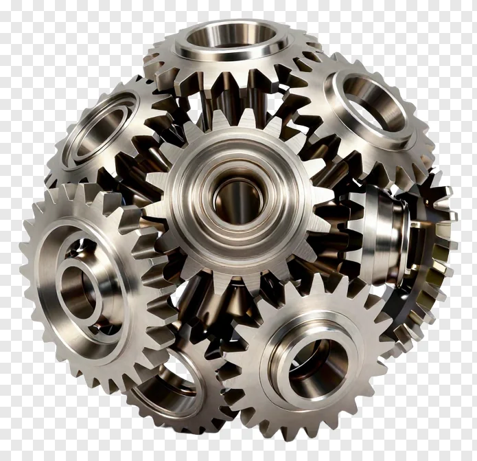 A cluster of meshed metallic gears forming a sphere.