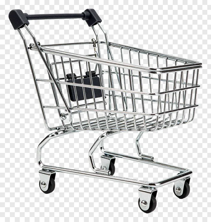 A miniature shopping cart with chrome frame and black wheels.