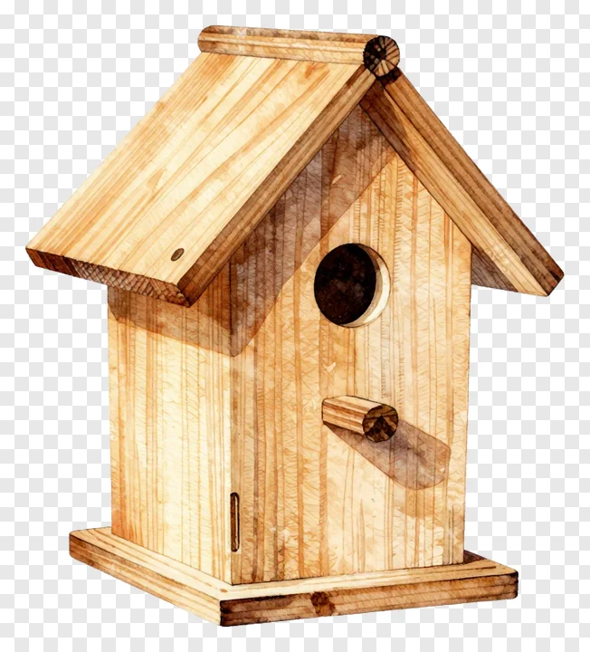 A miniature wooden birdhouse with a roof and entrance hole.