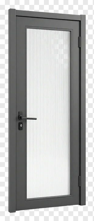 Gray door with vertical frosted glass panel and black handle.