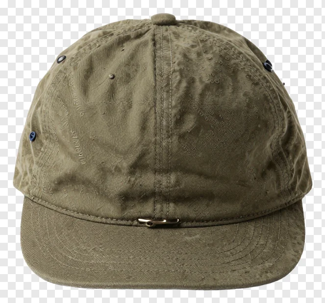 Olive green cap with metal buckle on brim.