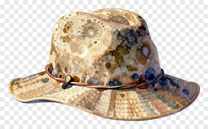 A patterned bucket hat with a decorative strap.