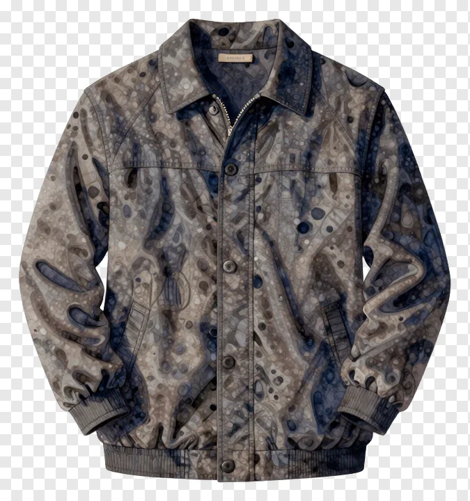 A patterned jacket with abstract design.