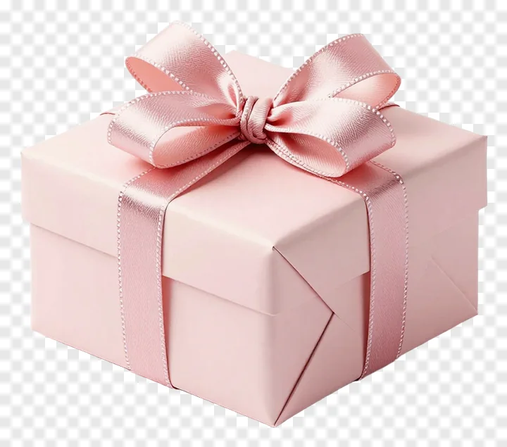 A pink gift box tied with a satin bow.
