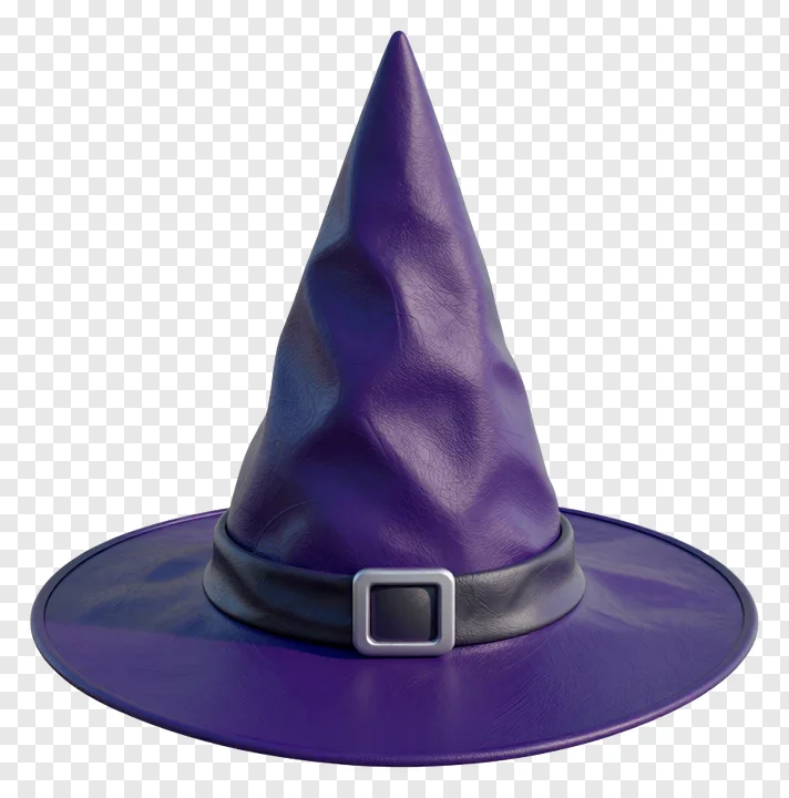 A purple witch hat with a silver buckle.