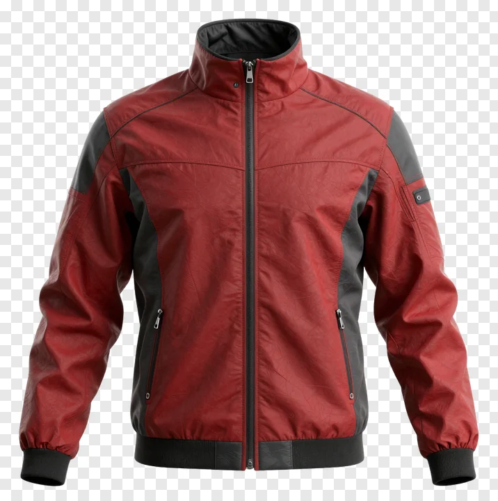 Red jacket with cracked leather texture and black panels.