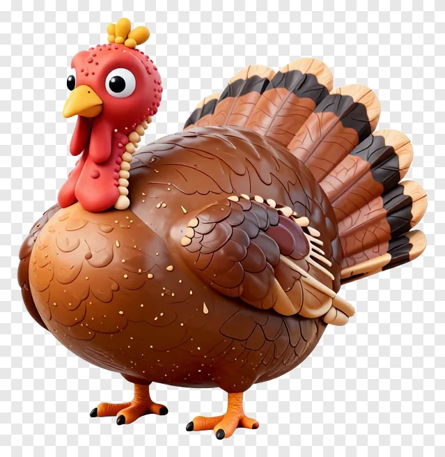 A glossy brown roast turkey toy with red head and orange feet.