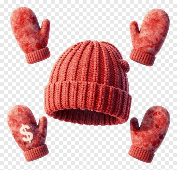 Red knitted beanie and mittens, one mitten has a dollar sign.