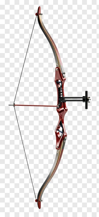 A red metallic bow with an attached arrow.