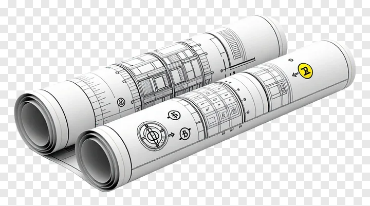 Two rolled-up blueprint scrolls with technical diagrams.