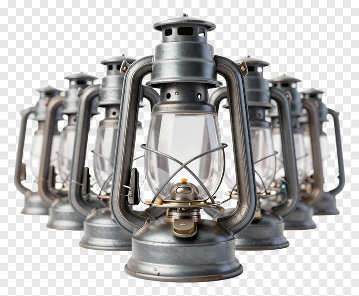 A row of vintage metal oil lamps with glass globes.