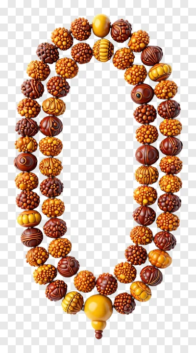 Close-up of a textured rudraksha mala necklace in brown and gold hues.