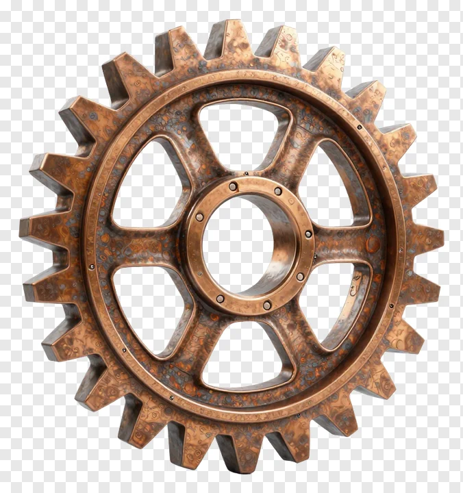 A bronze gear with rusted teeth.