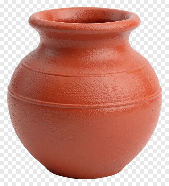 Saffron-colored clay kumkum pot with textured surface.