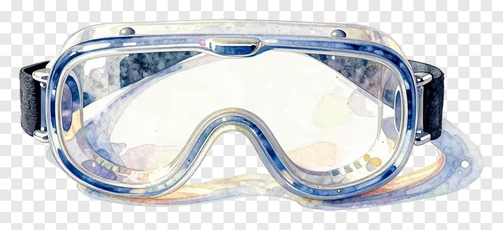 Clear science goggles with blue frame and black straps.