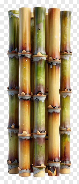 Seven sugarcane stalks standing vertically in a row.