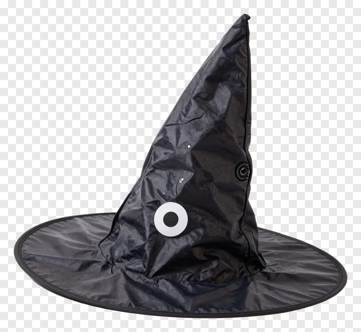A shiny black witch hat with a white circle on the front.