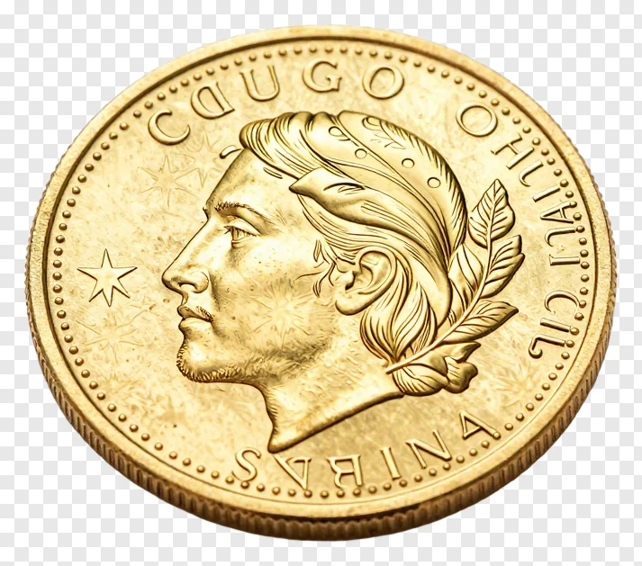 A gold coin with a classical profile and laurel wreath.