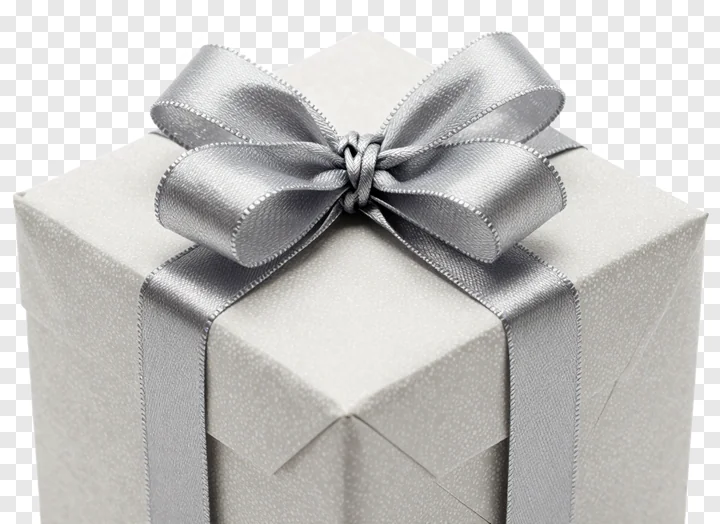 A silver gift box with a silver bow.