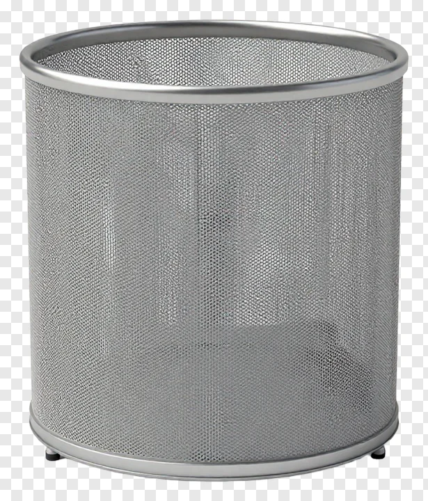 Silver mesh waste bin with perforated sides and small feet.