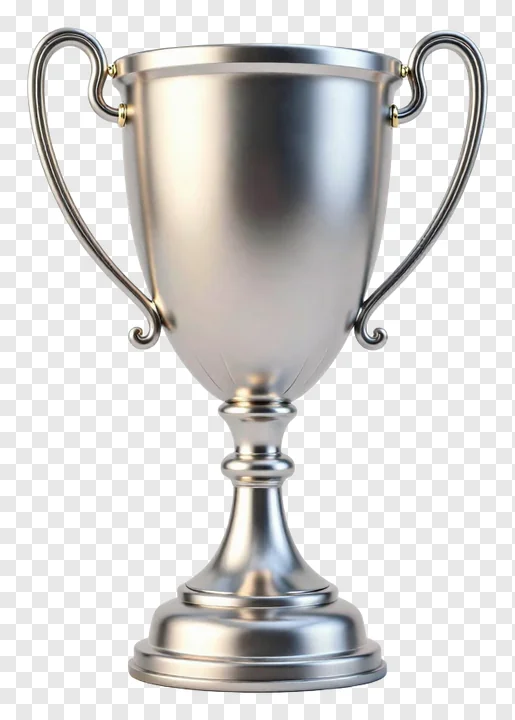 A silver trophy cup with two handles.