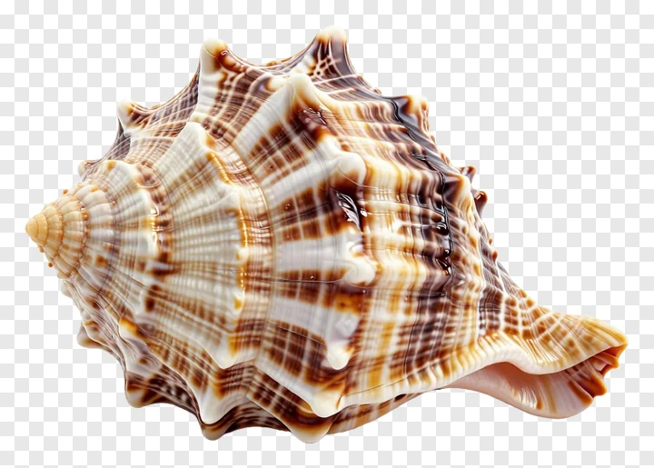A spiky shankh conch shell with brown and white patterns.