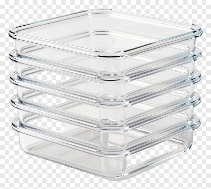 Stack of clear square glass food containers with lids.