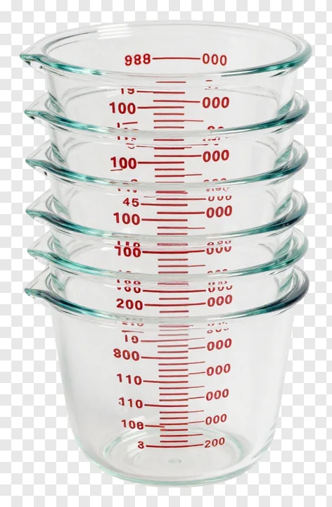 Five nested glass measuring cups with red measurement markings.