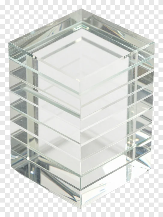 Stack of transparent glass cubes forming a prism-like structure.