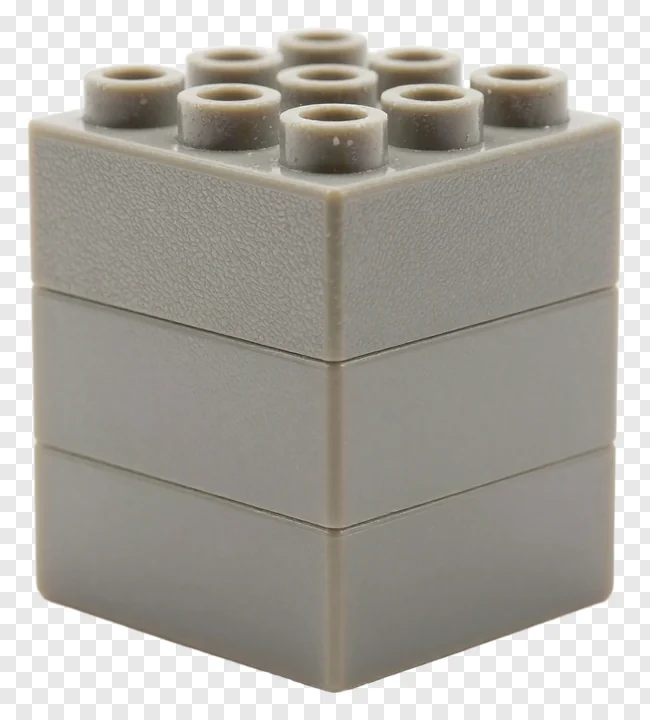 Stacked gray building block toy with studs.
