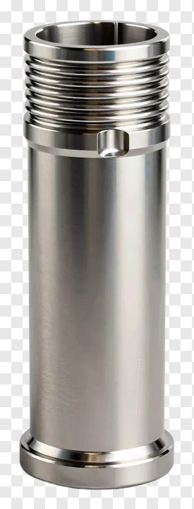 Stainless steel piston cylinder with threads and flange.