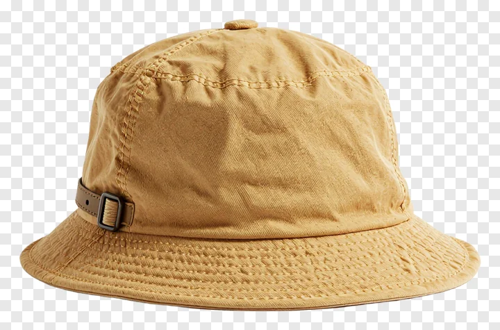 Tan bucket hat with leather buckle.