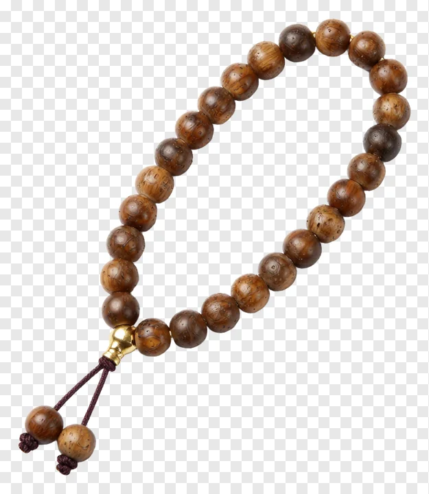 Wooden tasbih prayer beads with gold clasp.