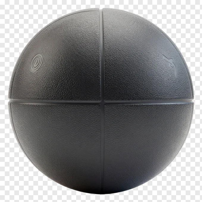 A black textured ball with embossed markings.