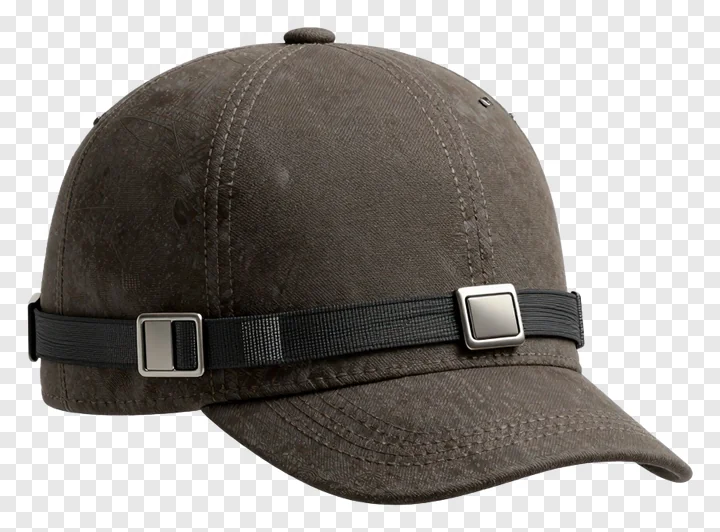 A brown cap with a buckle strap.