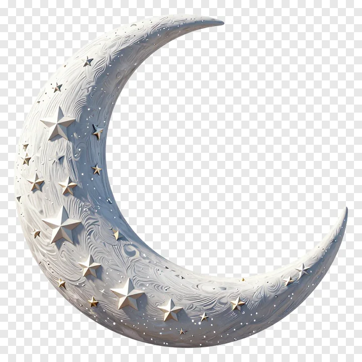 A crescent moon decorated with stars and textured patterns.