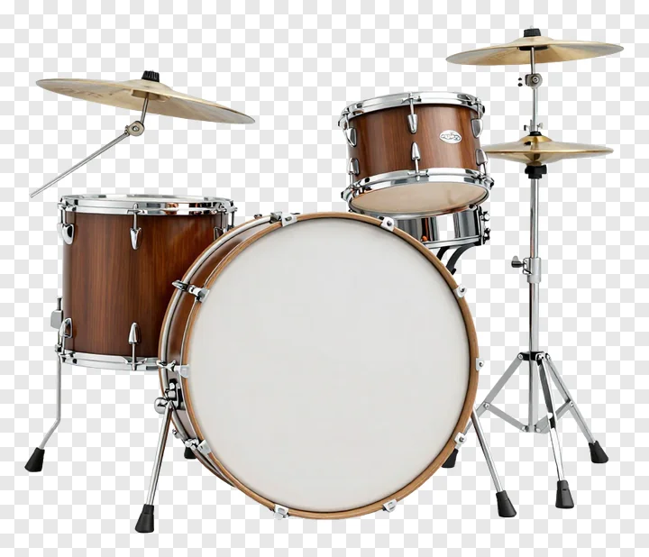 A full wooden dhak drum kit with metal parts and two cymbals.