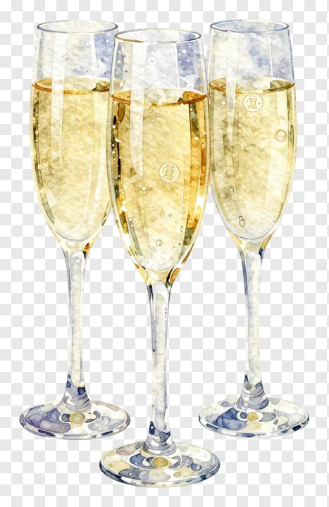Three watercolor champagne glasses filled with bubbly liquid.