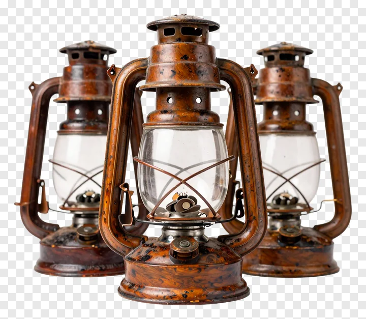 Three old-fashioned oil lamps lined up.