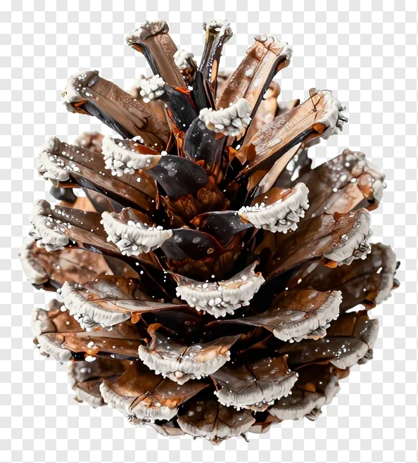 A bronze pinecone with frost on its edges.