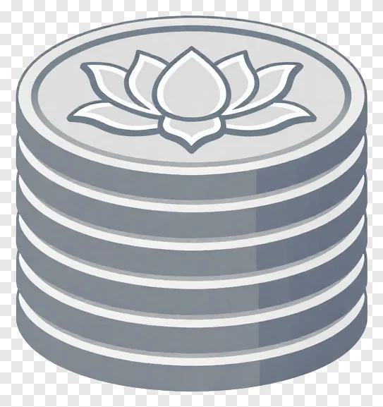Stack of silver coins with lotus engraving.