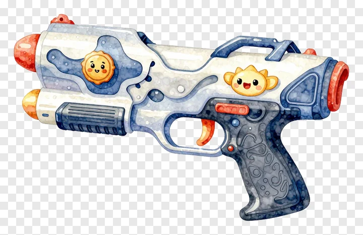 A colorful water gun decorated with smiling sun-like characters.