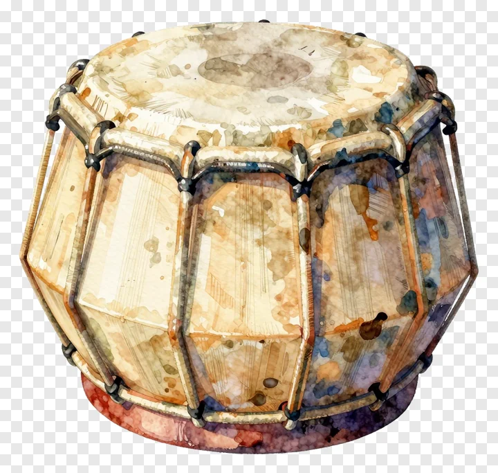 A watercolor depiction of a Bengali tabla drum.