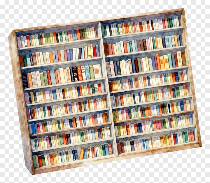 Watercolor illustration of a bookshelf with books.