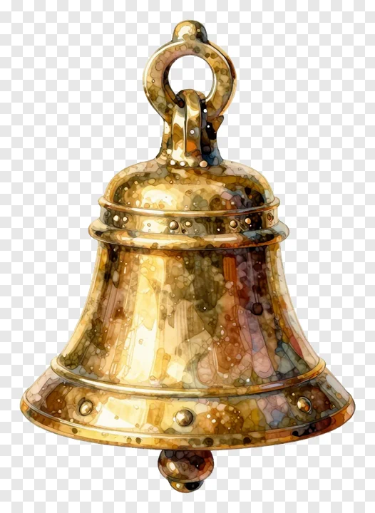 A watercolor-style brass puja bell with a looped handle.
