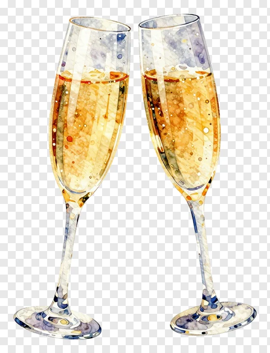 Two watercolor-style champagne glasses toasting.