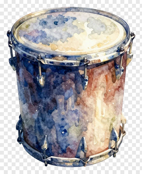 Watercolor painting of a dhaki drum with blue and beige tones.