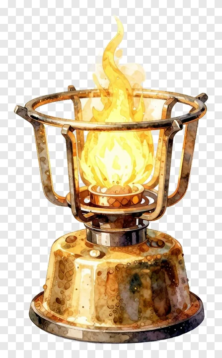 A watercolor illustration of a dhunuchi burner with a bright flame.