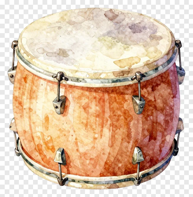 A watercolor-style drum with a worn, textured surface.